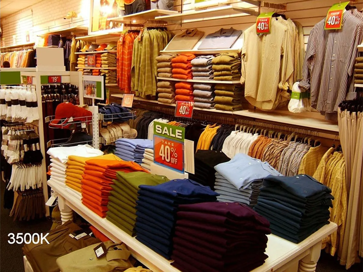 Retail store under 3500K standard lighting with warm color cast, less accurate rendering
